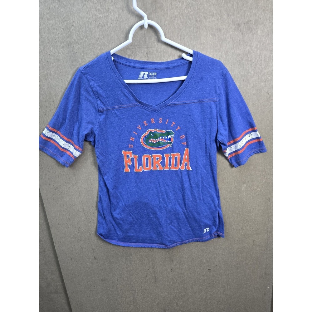 Florida Gators Shirt Womens XL Blue V Neck Russell Athletic Soft Tee